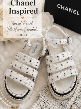 Designer Tweed Pearl Platform Sandals White Black Size 10 Chanel Style